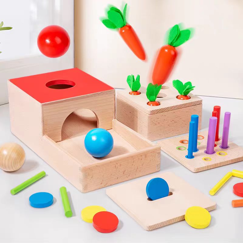 蒙氏四合一投币盒早教多功能木质拔萝卜精细动作益智玩具
