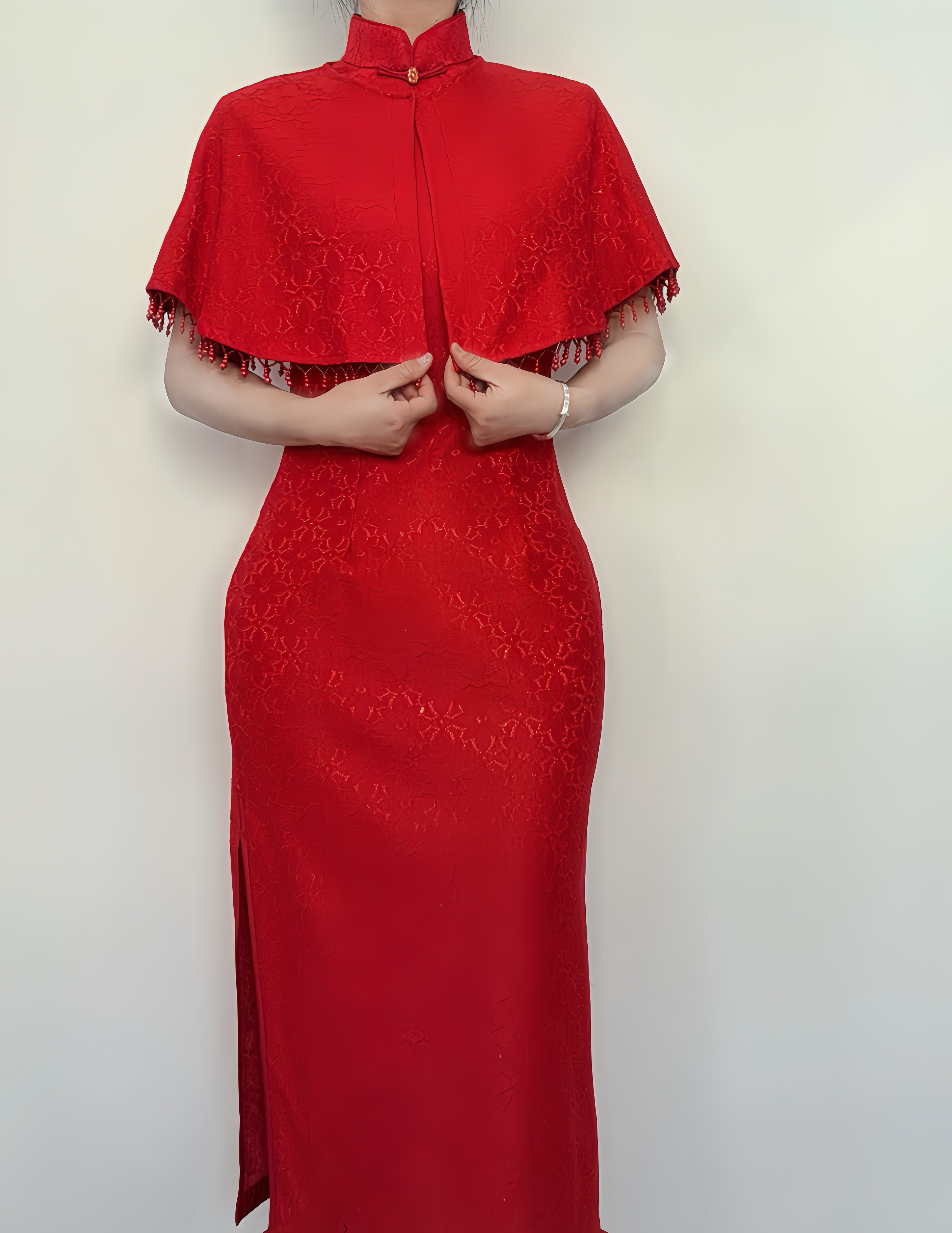 真两件披肩旗袍复合蕾丝