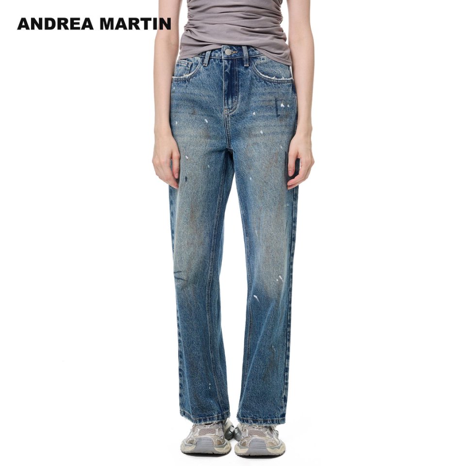Andrea Martin25秋冬新款复古水洗做旧宽松直筒牛仔裤男女同款