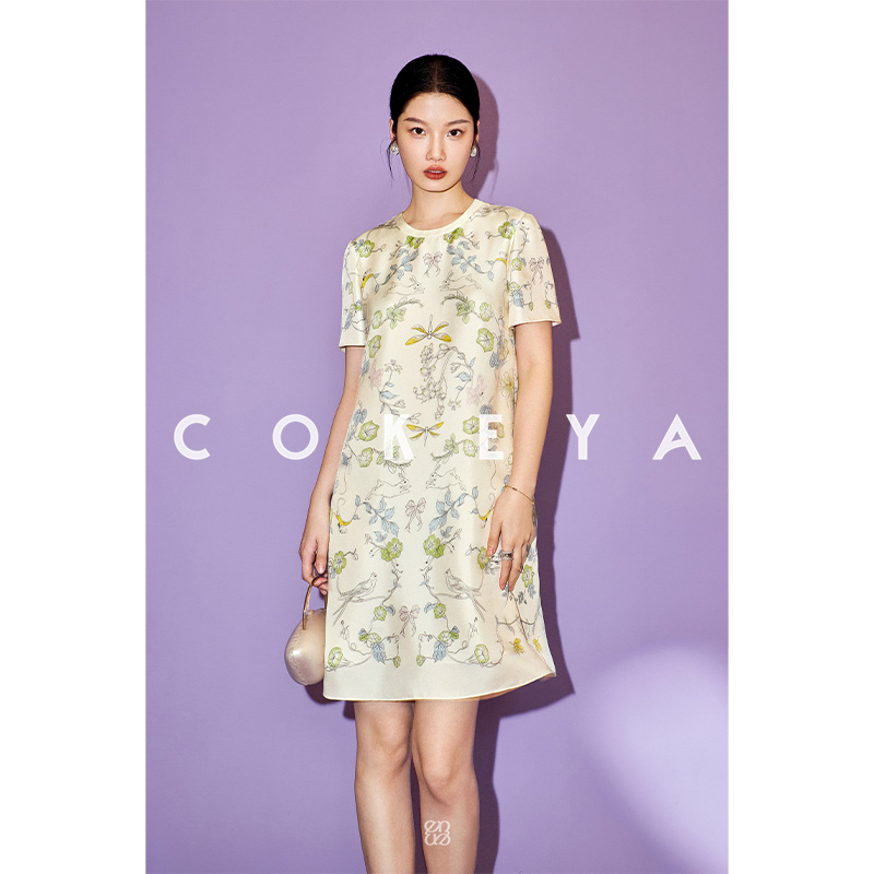 COKEYA/仲花园6A级真丝斜纹绸花鸟对称印花直筒短袖裙ENB3XH526