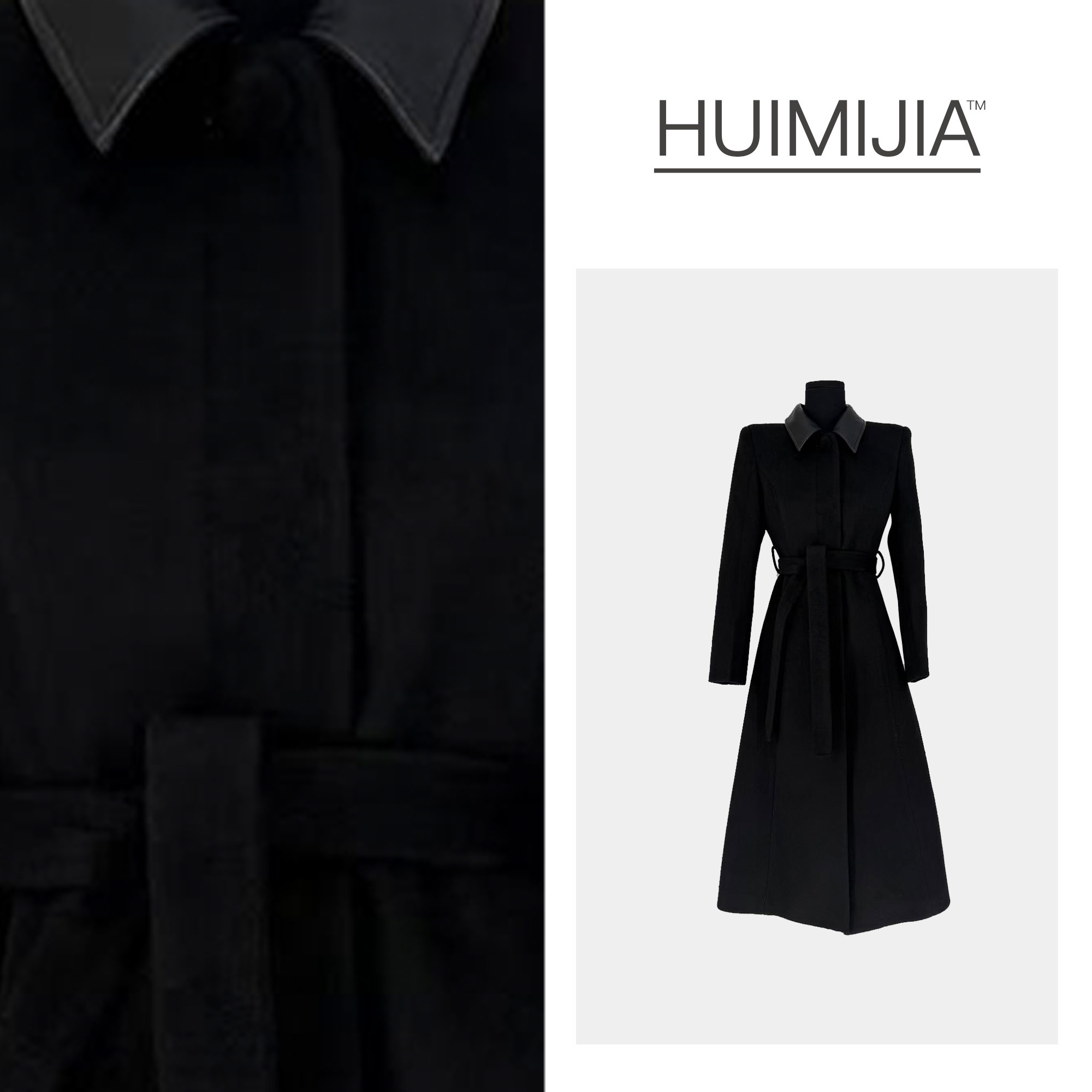 【秋冬新款】轻奢原创拼皮衬衫领中长款加棉款毛呢大衣【Q25982】