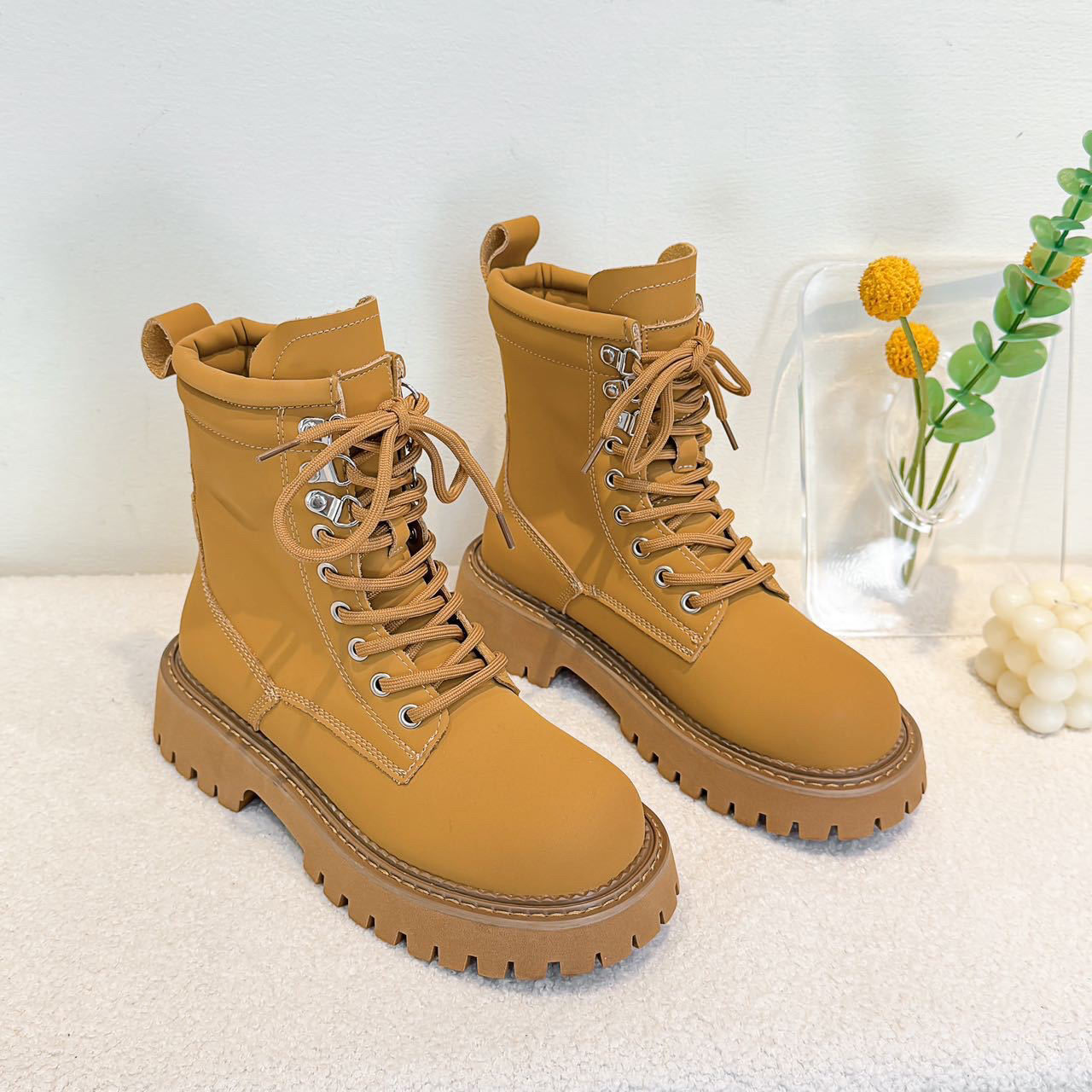 C59大黄靴女2025秋冬粗跟英伦风短靴厚底百搭户外工装马丁靴低跟