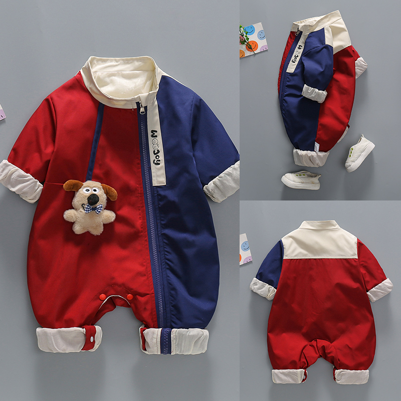 婴儿衣服撞色冲锋衣连体衣开春秋季装新款男女宝宝超萌外出服哈衣