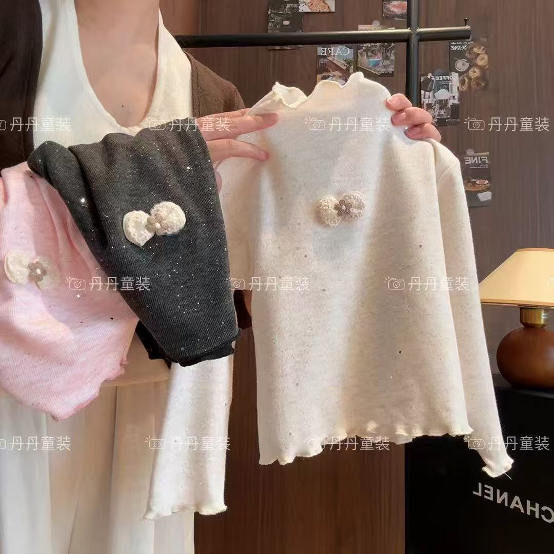 春秋款女童打底衫木耳休闲风儿童T恤半高领撒银纯色亮片长袖卫衣T