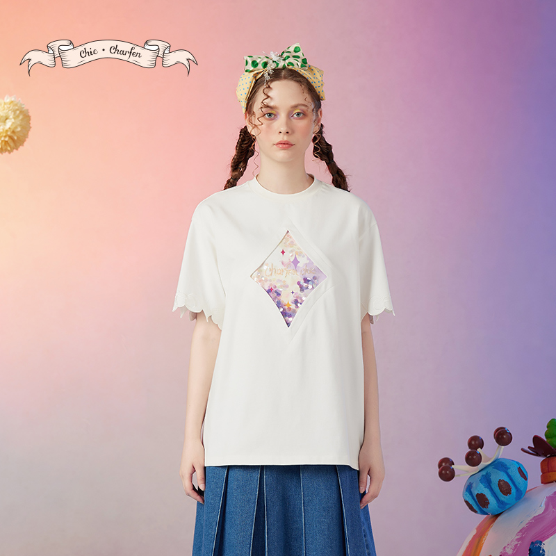 【媛媛专享】朝峰时尚休闲俏皮百搭闪片宽松打底T恤CFD3A505-5112B