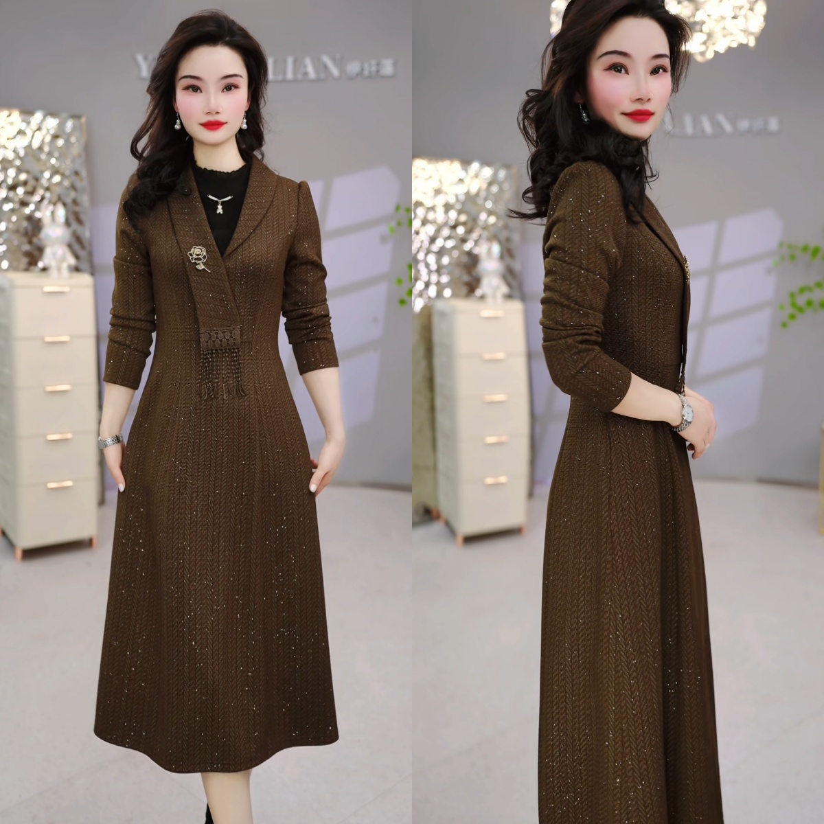 2025春季新款时尚气质女人洋气收腰显瘦中长款假两件连衣裙M-4XL