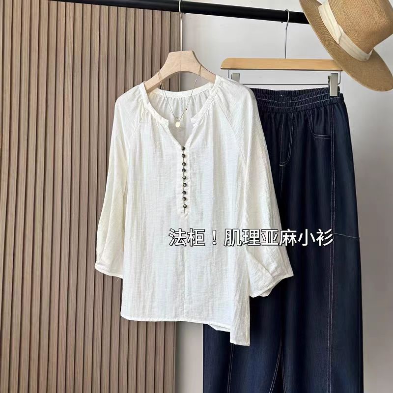 法式七分袖衬衫女夏季职业通勤正装面试慵懒风宽松休闲上衣5910#