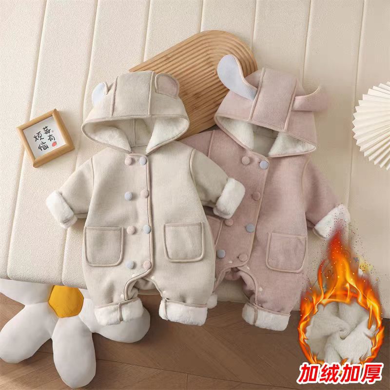韩版婴儿冬装连体衣加绒加厚宝宝爬服两件套