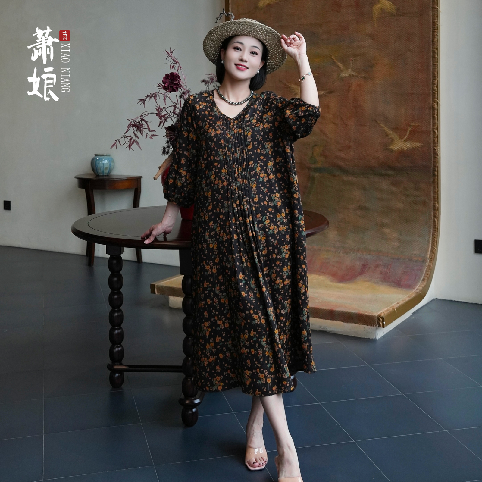 萧娘【镜中花】提花缎香云纱碎花连衣裙新中式V领长裙气质女裙5259