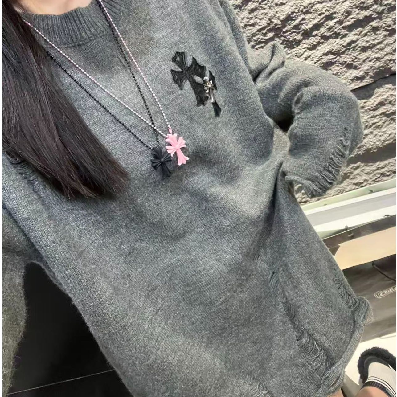 【杨娇娇COCO】秋冬新款十字架贴皮羊毛毛衣破烂中长款上衣