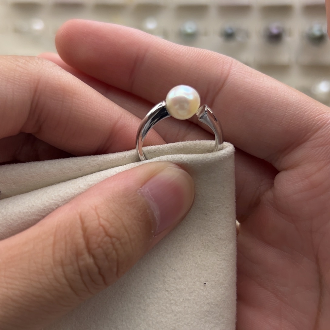 银S925镶嵌戒指海水珍珠7.6mm海水Ak粉光戒指