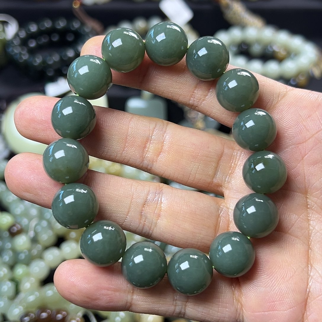 和田玉手链未镶嵌且末蓝卡14圆珠 油润