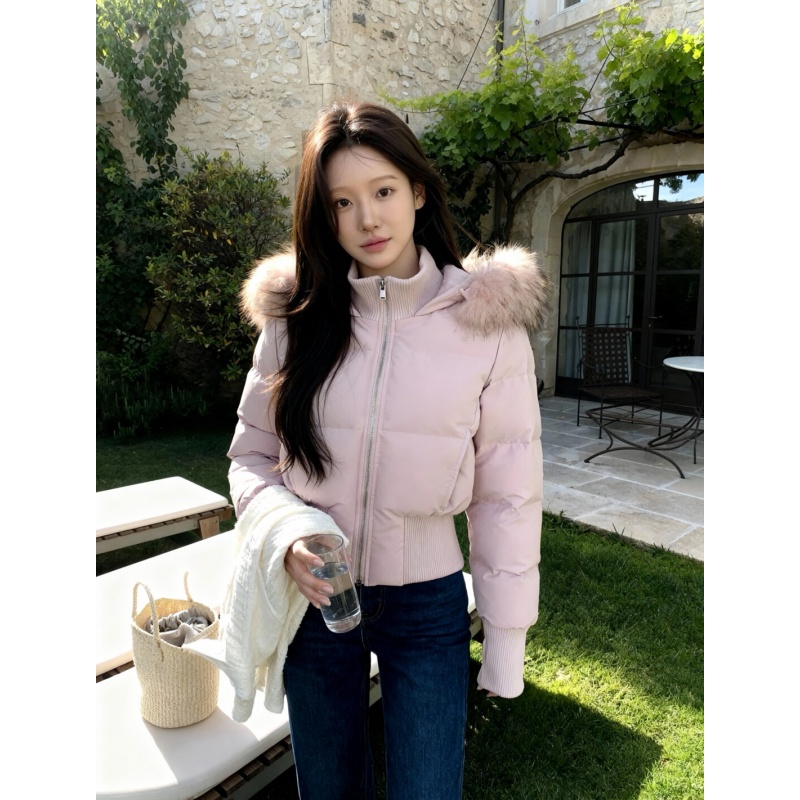 粉色收腰羽绒服女大毛领2025冬季修身显瘦90白鸭绒面包服连帽外套