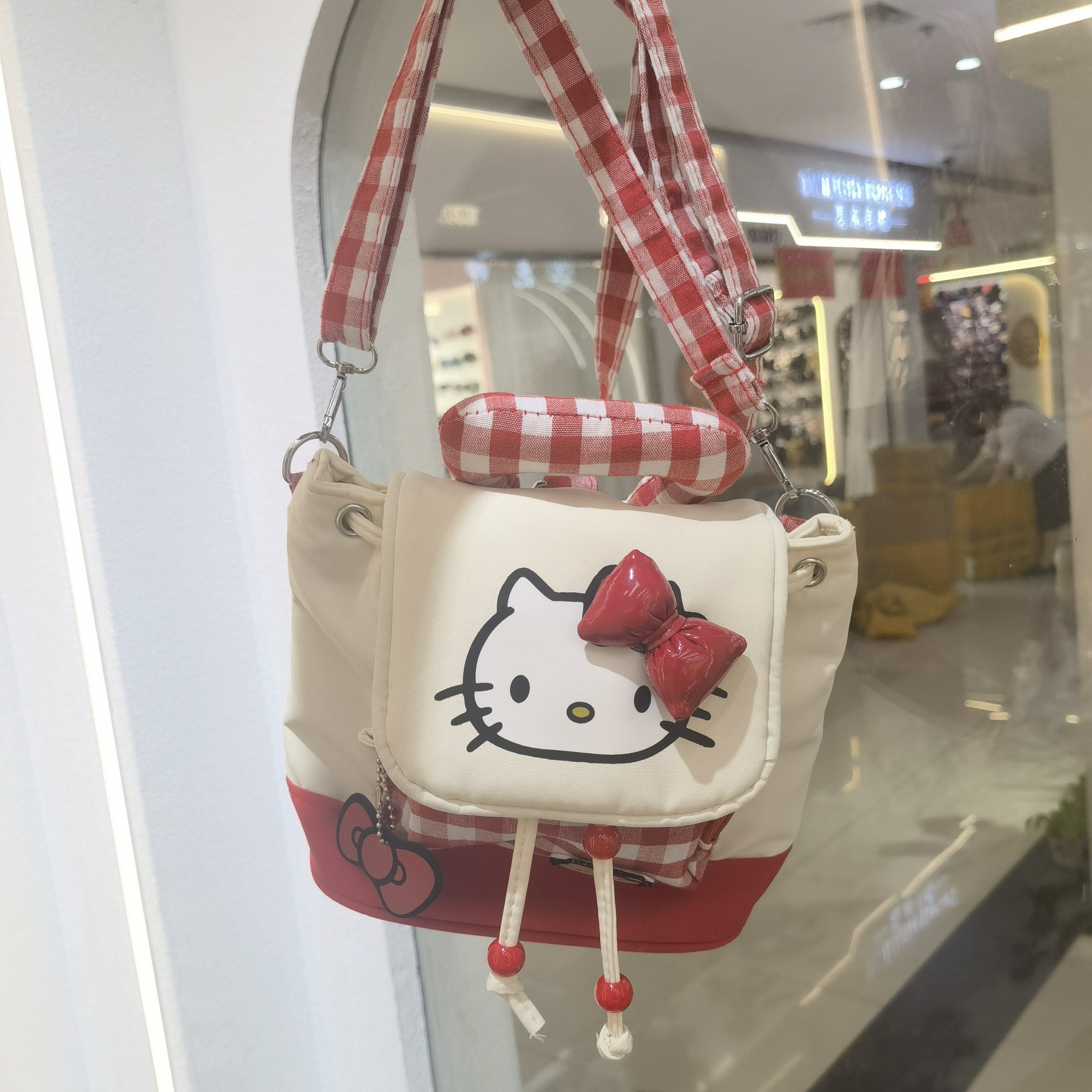 JJ063红色格子KT猫咪包包可双肩可斜挎