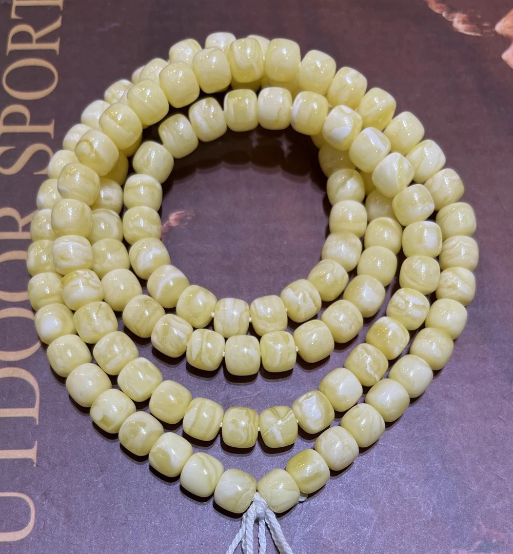 琥珀白花蜜蜡虎皮纹精工老型108链、8m，36.6g，天然原矿