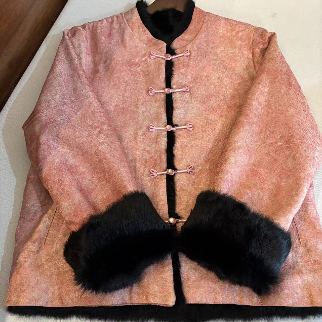 「乔乔」《桃夭》重磅高定真兔毛双面穿~新中式提花厚款外套