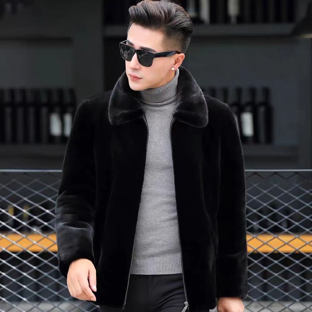 VBA 887707 断码 水貂毛时尚外套貂皮大衣男夹克休闲黑色海宁皮草