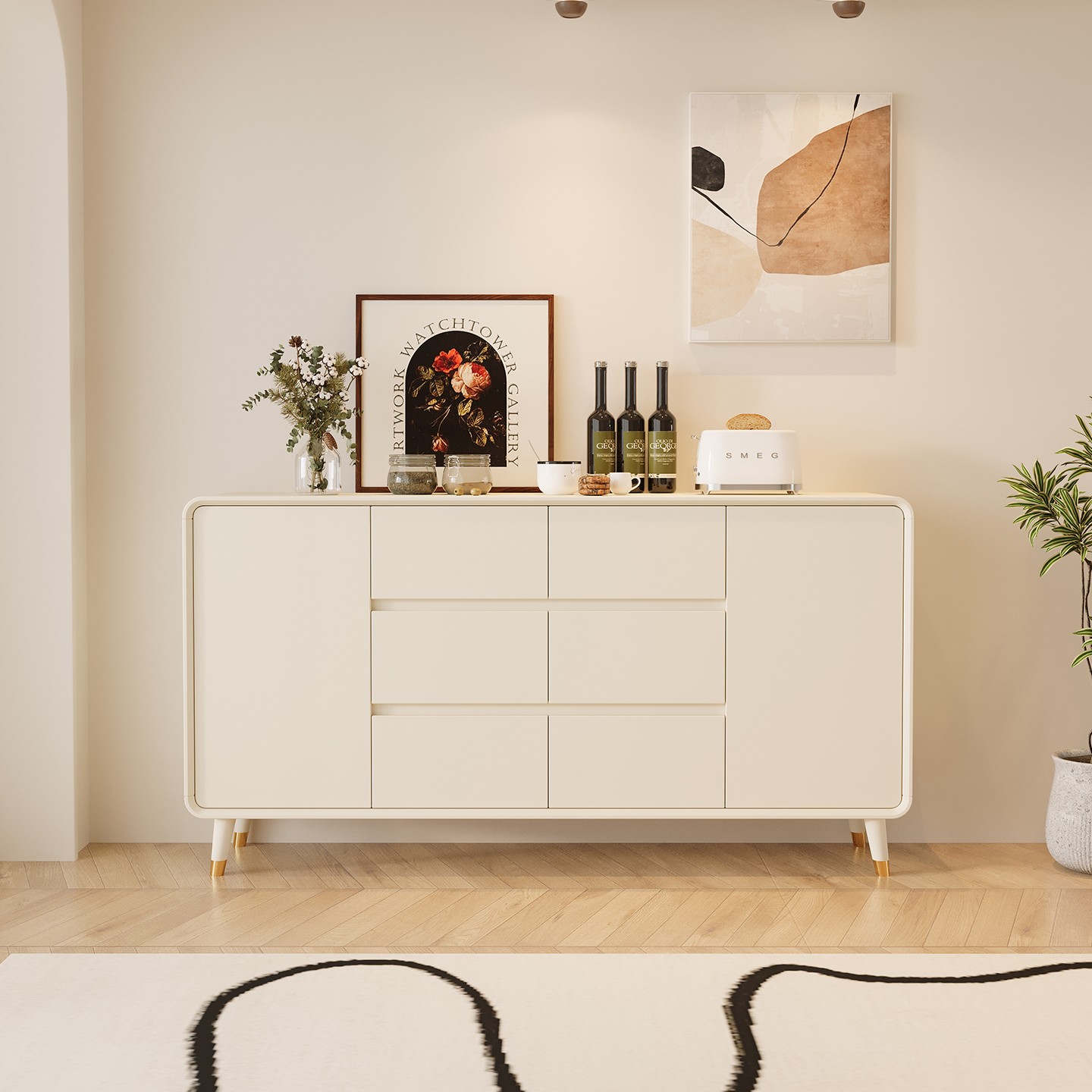 硕德林家用奶油风简约轻奢环保烤漆多功能储物柜置物餐厅餐边柜