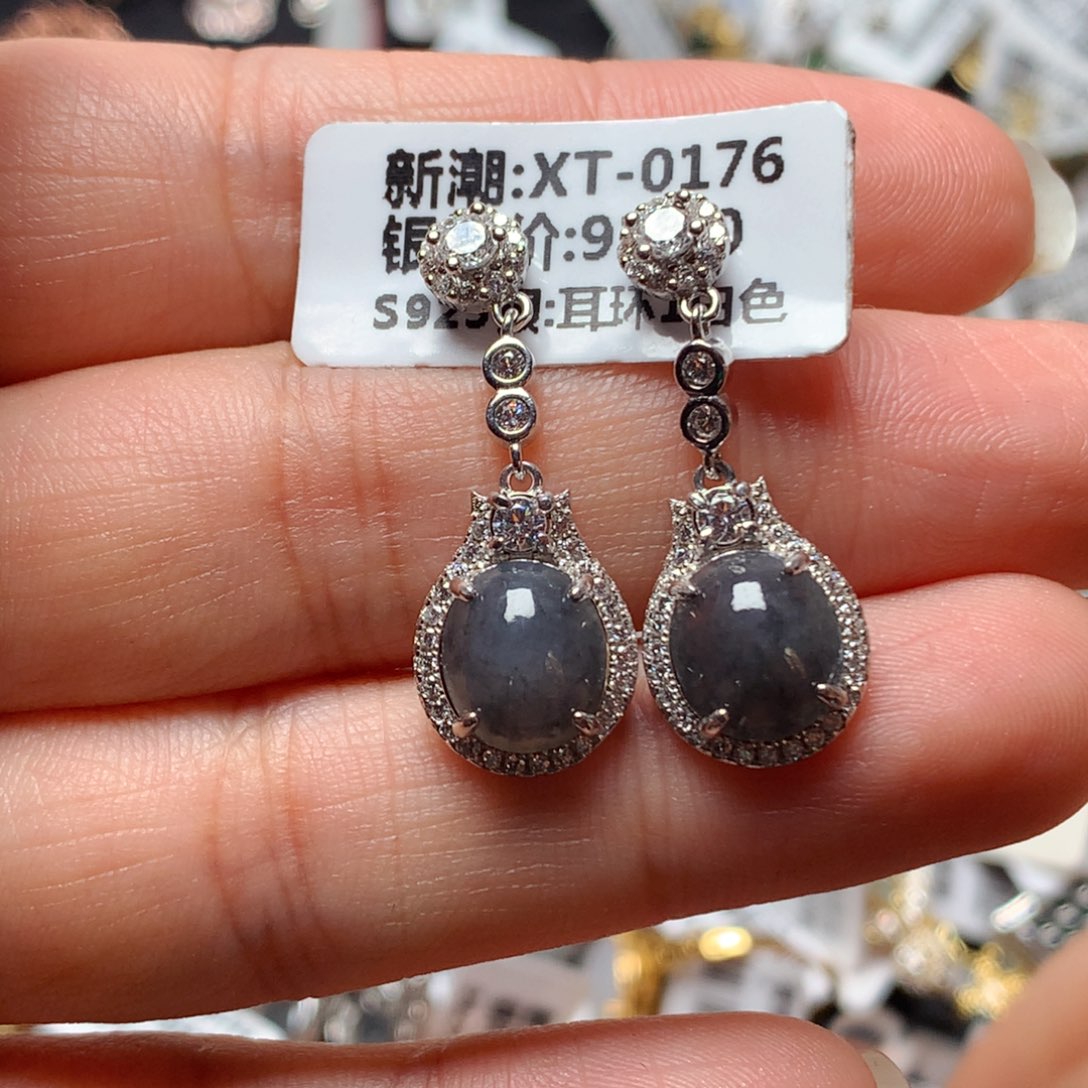 翡翠戒指银S925镶嵌天然翡翠耳饰