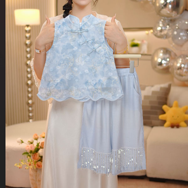 【一甜】女童国风薄款套装夏季新中式T恤裙裤时髦中大童2025新款