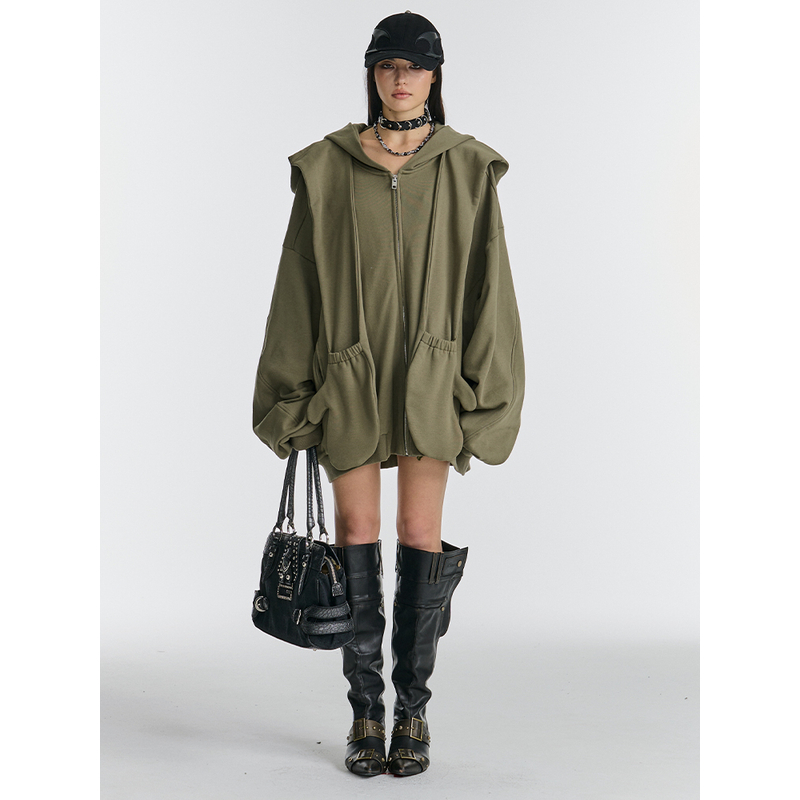 开衫连帽卫衣可拆卸披肩宽松两件设计纯色拉链外套男女款