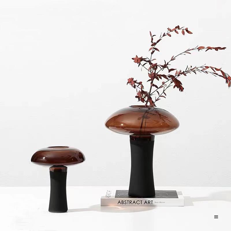 现代简约茶色玻璃蘑菇形水培花器花瓶创意摆件桌面客厅酒店样板间