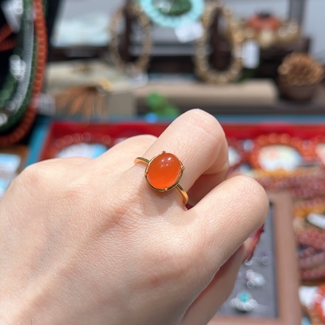 南红玛瑙戒指银S925镀金镶嵌戒指