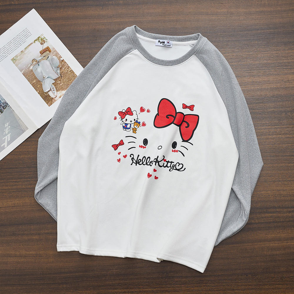 0486【冬季新款】磨毛蝴蝶结小kitty拼色长袖T恤（1053）