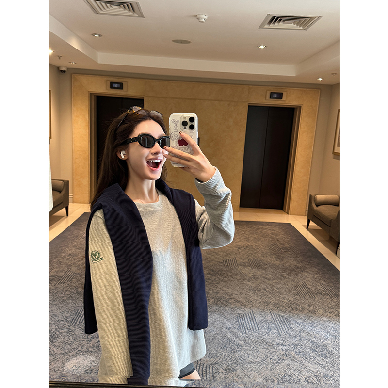 番茄妹妹【网球俱乐部】华夫格长袖上衣女早秋灰色外穿打底衫T恤