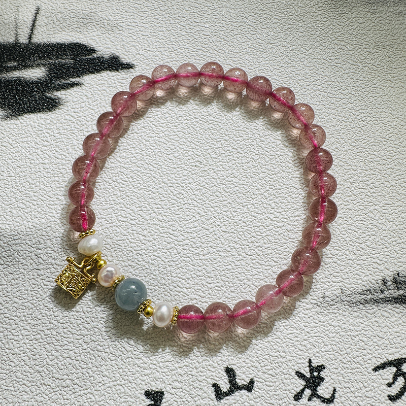 草莓晶翡翠珍珠手串