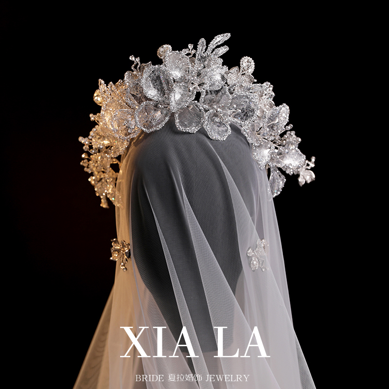 夏拉新款气质轻奢新娘水凝滴胶花朵皇冠婚纱王冠公主头冠发饰头饰