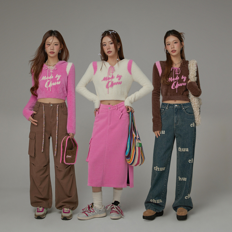 【达人专属】CHUU系带连帽设计字母修身百搭甜辣风针织衫-Q