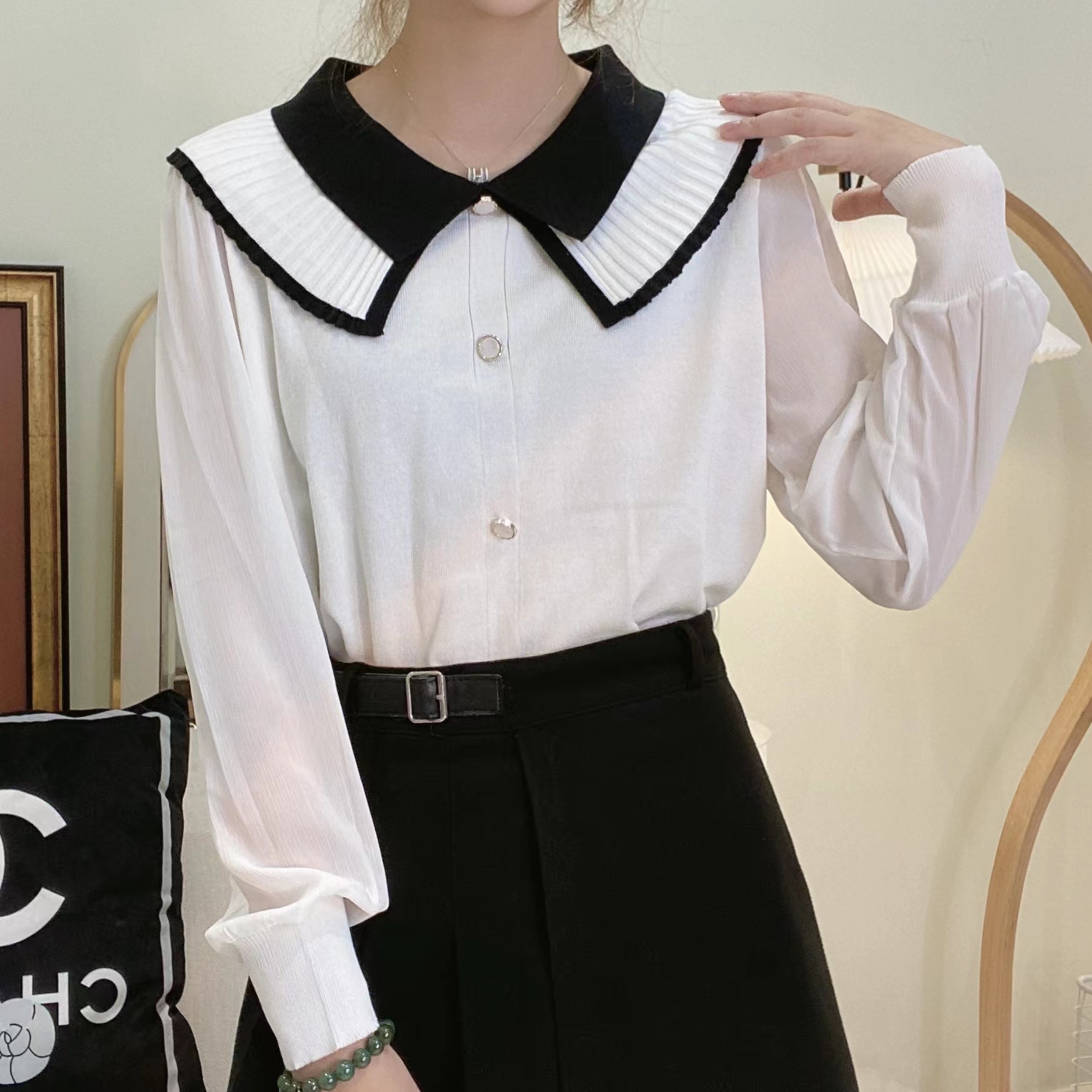 【定制大码女装80-200斤】时尚百搭拼接娃娃领网纱袖上衣1303