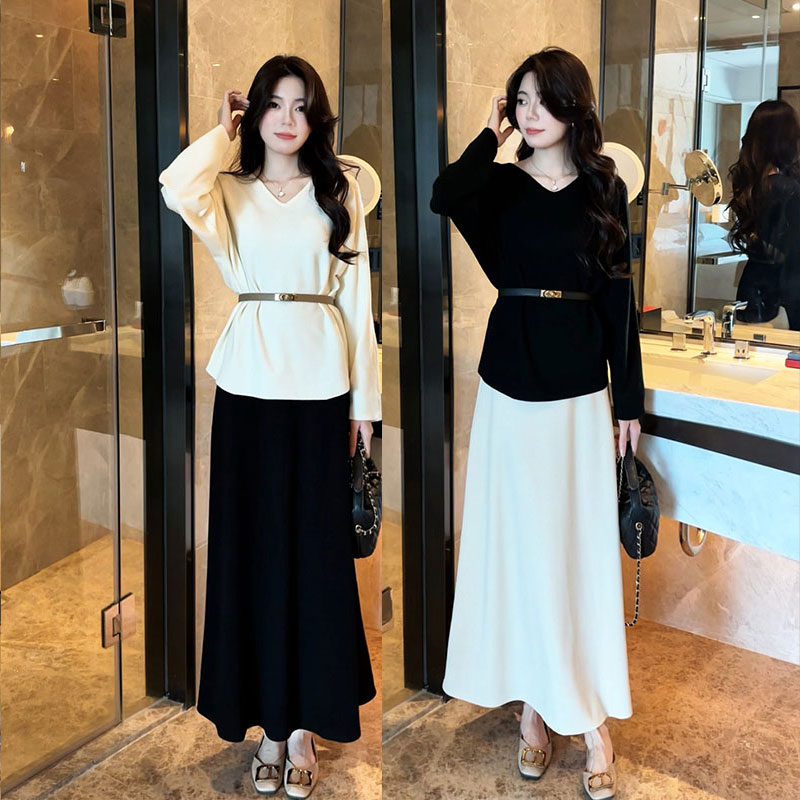 慵懒风宽松显瘦V领针织长袖秋季百搭上衣+显瘦A字半身裙套装女