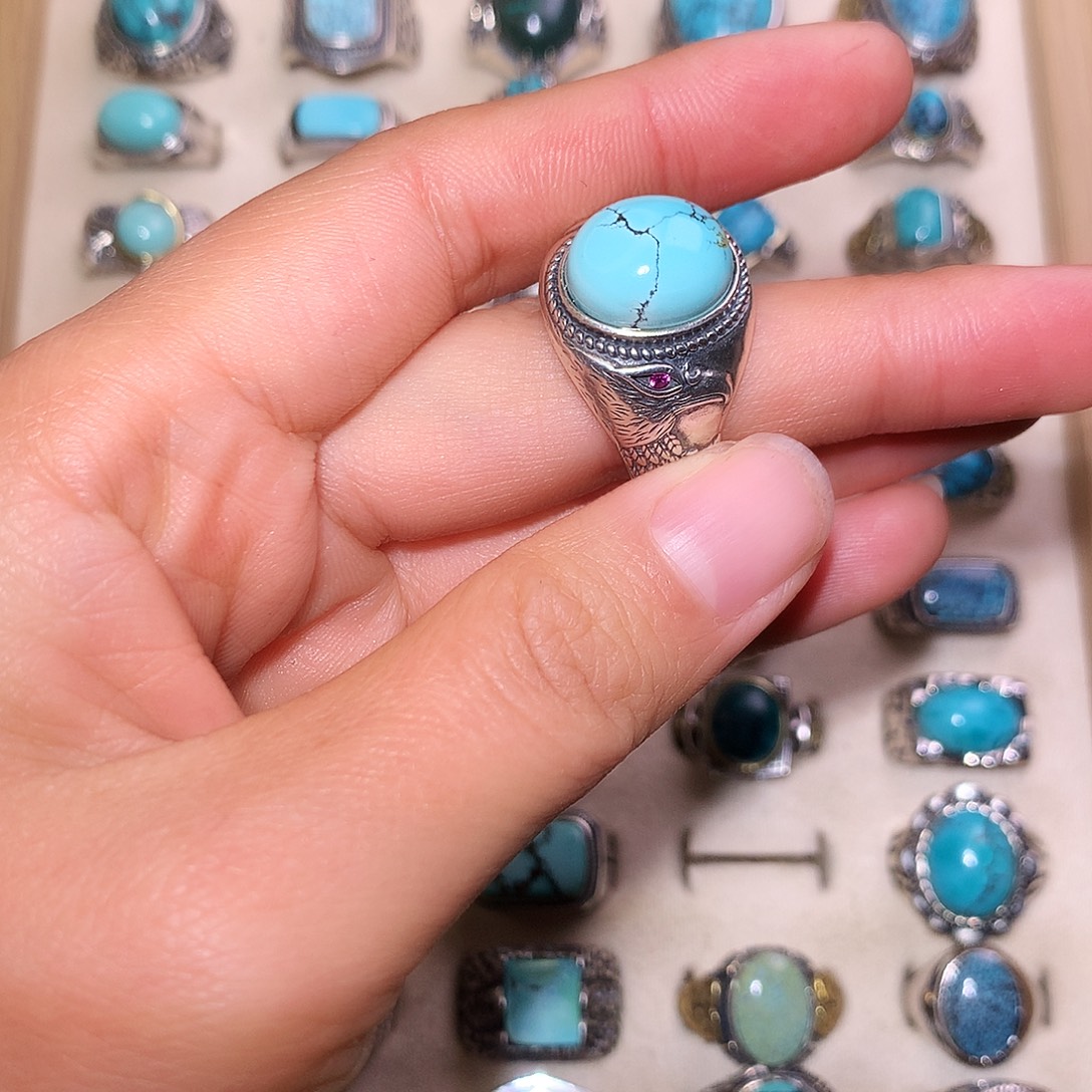 如***6绿松石银S925镶嵌戒指