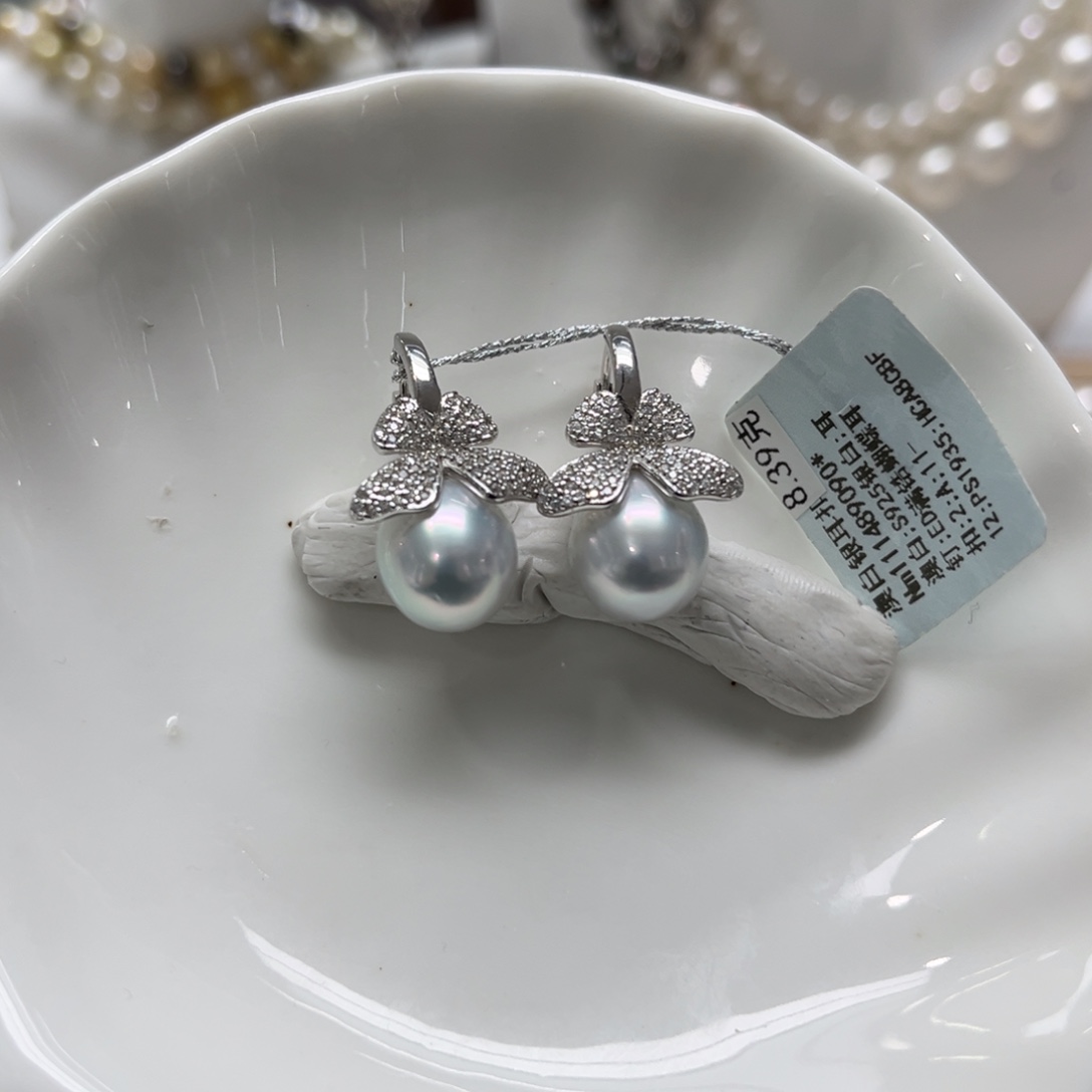 银S925镶嵌海水珍珠耳饰11mm
