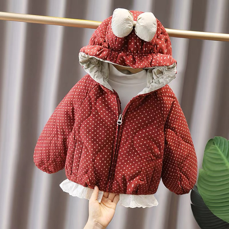 秋冬款韩系加厚波点夹棉连帽女童保暖洋气棉衣外套