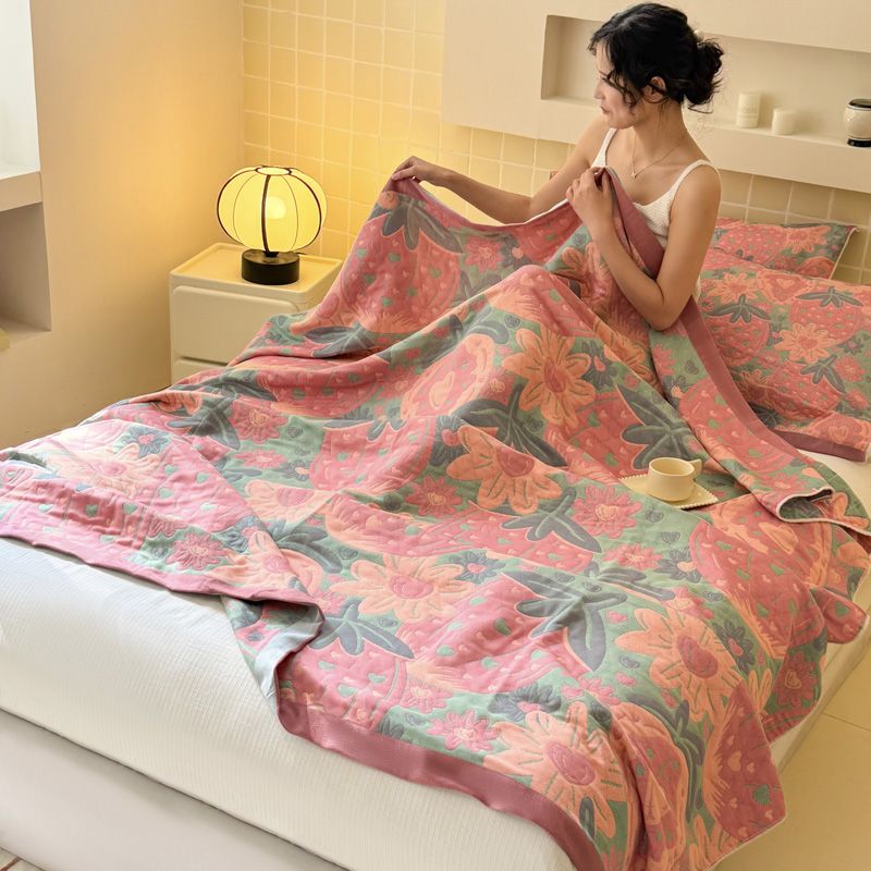 透气彩棉【纱布毛巾被】<喜上莓梢-绿>1.5X2m<±5cm> 毛巾被  单人