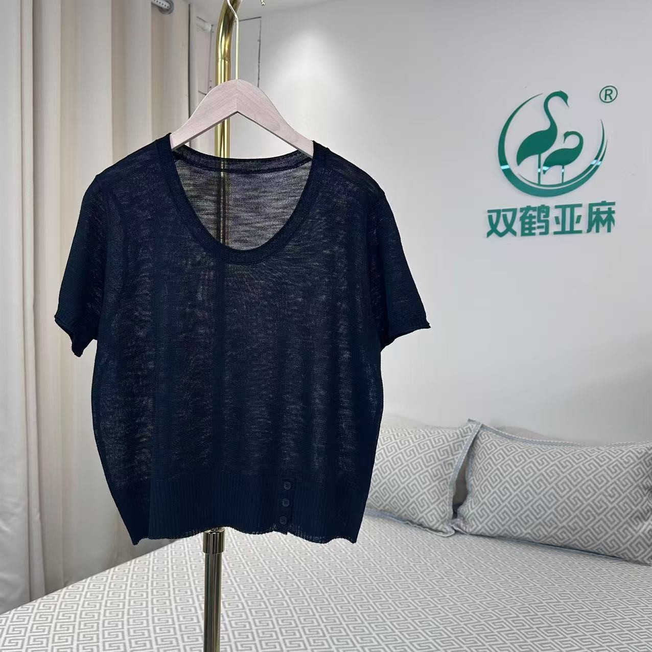 双鹤亚麻短袖女士纯亚麻针织圆领半袖夏季新款透气舒适休闲百搭