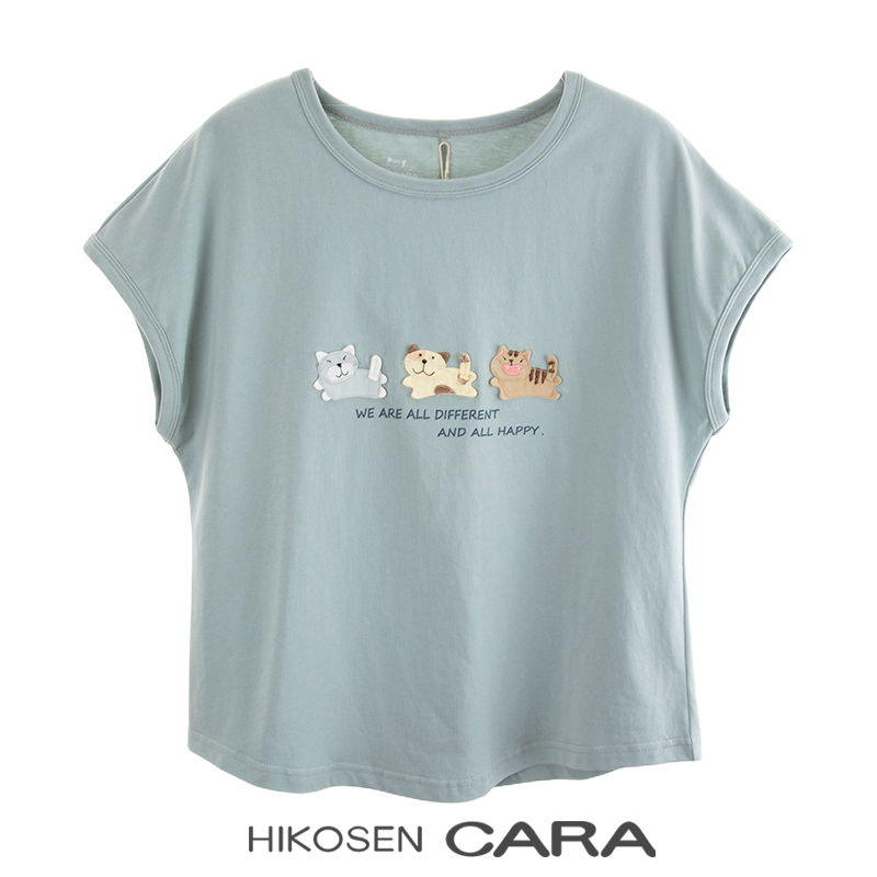 HIKOSEN CARA卡拉猫短袖T恤日系宽松圆领卡通女修身外穿内搭上衣