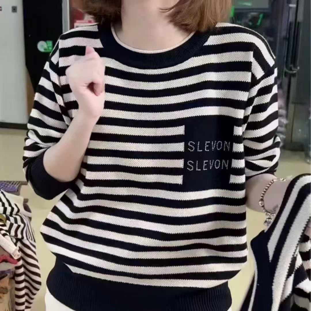 春秋衣打底衫女新款2025年欧货气质条纹宽松字母烫钻妈妈上衣女