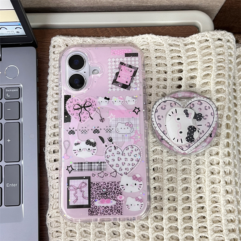 双层细闪豹纹爱心Kitty支架适用16promax手机壳iPhone17苹果15/14