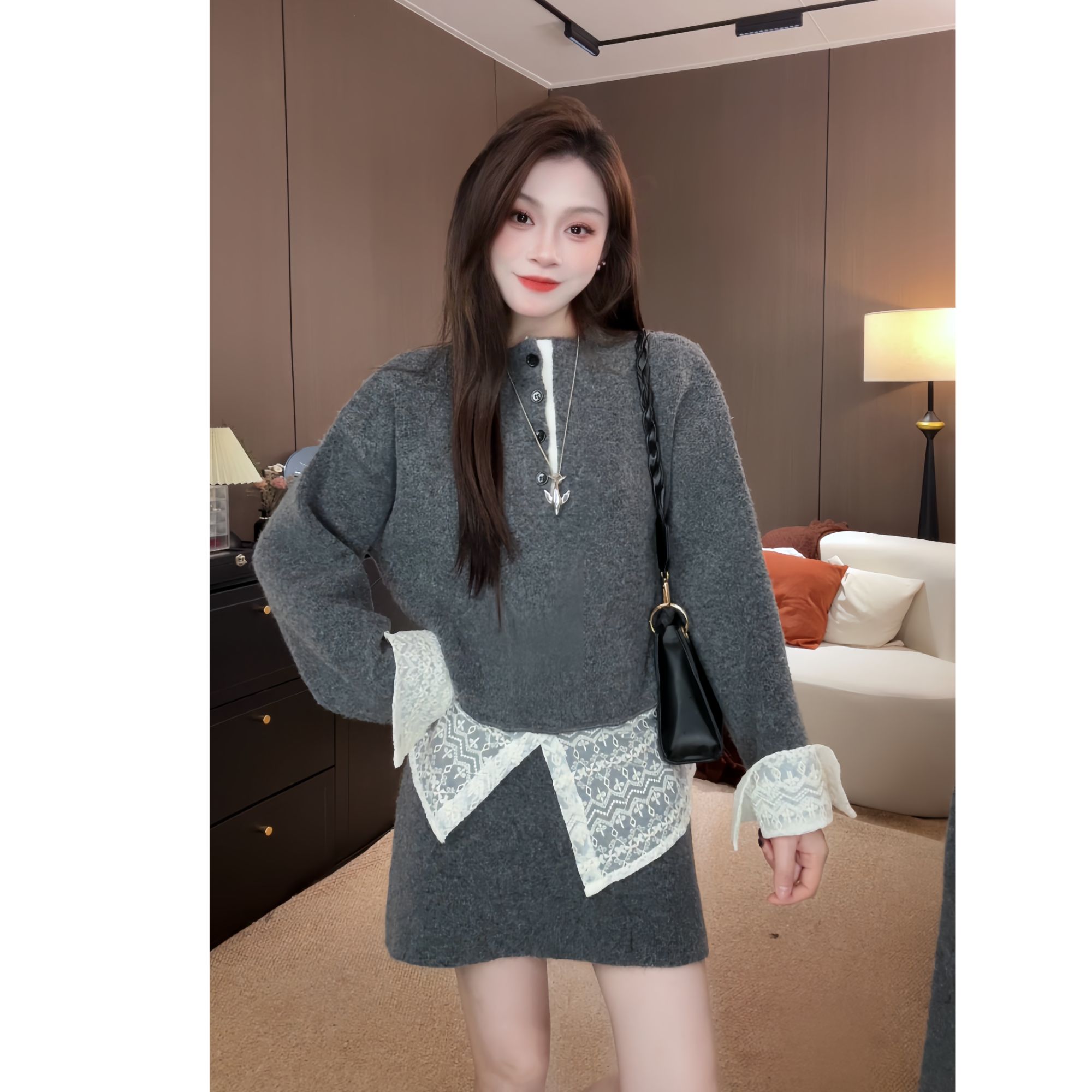设计感半高领针织毛衣拼接蕾丝下摆半裙显瘦时尚套装气质两件套女