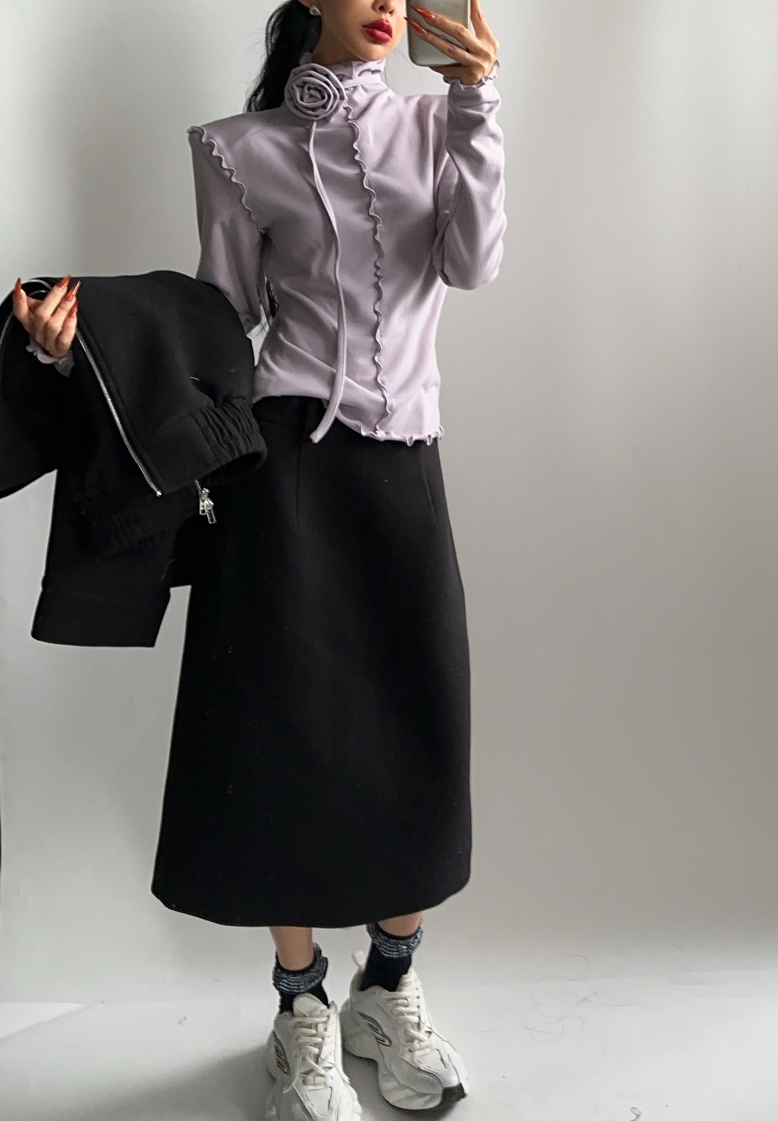 VIVISPLENDID21511#原创磨毛氛围感花朵半高领打底衫