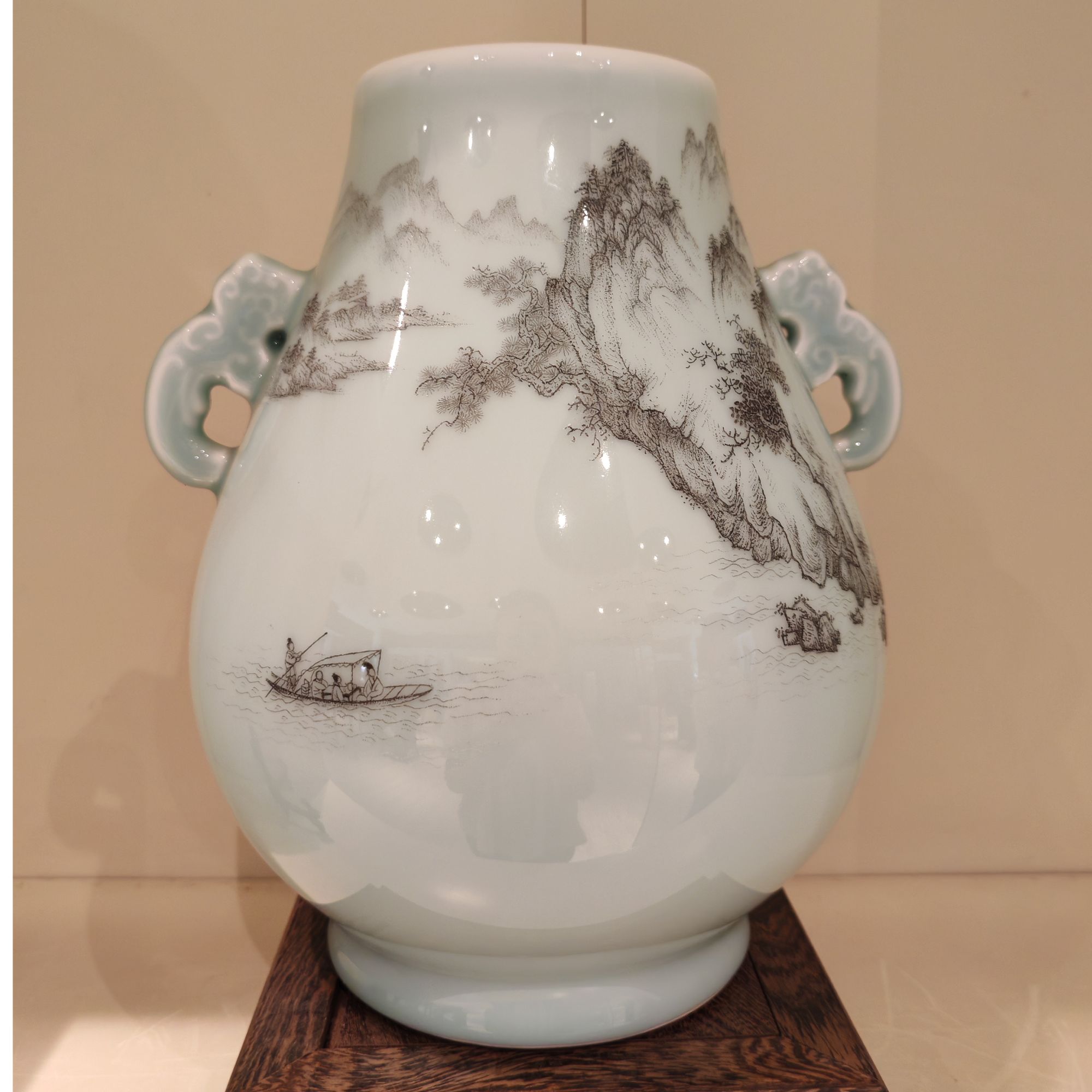 昆仑牌鲁青瓷窑变釉 刻瓷 小象头樽  赤壁怀古 26cm*20cm  