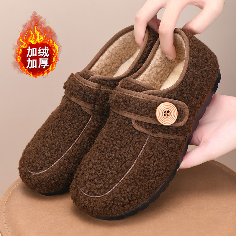 复古加绒平底女棉鞋老北京布鞋毛绒保暖豆豆棉鞋可爱圆头博肯鞋
