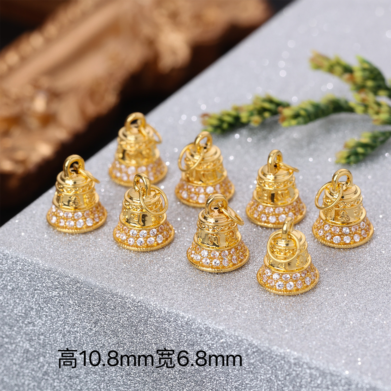 【来福工厂】18k金豪镶爆闪六字真言铃铛提溜挂坠DIY珠串配饰配件