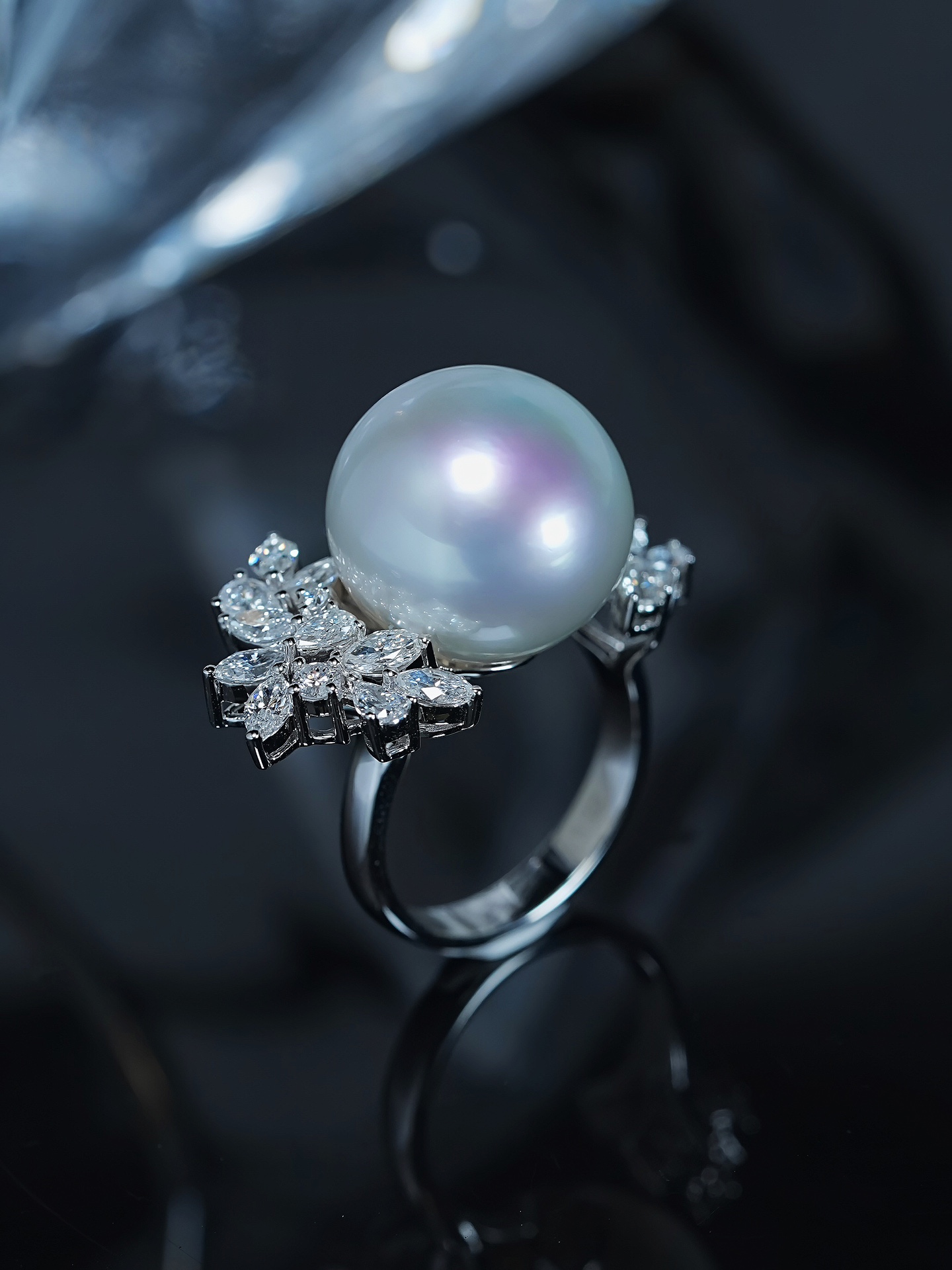 美珍真 18K金镶嵌钻石 澳白珍珠戒指 海水珍珠16mm 大气豪华