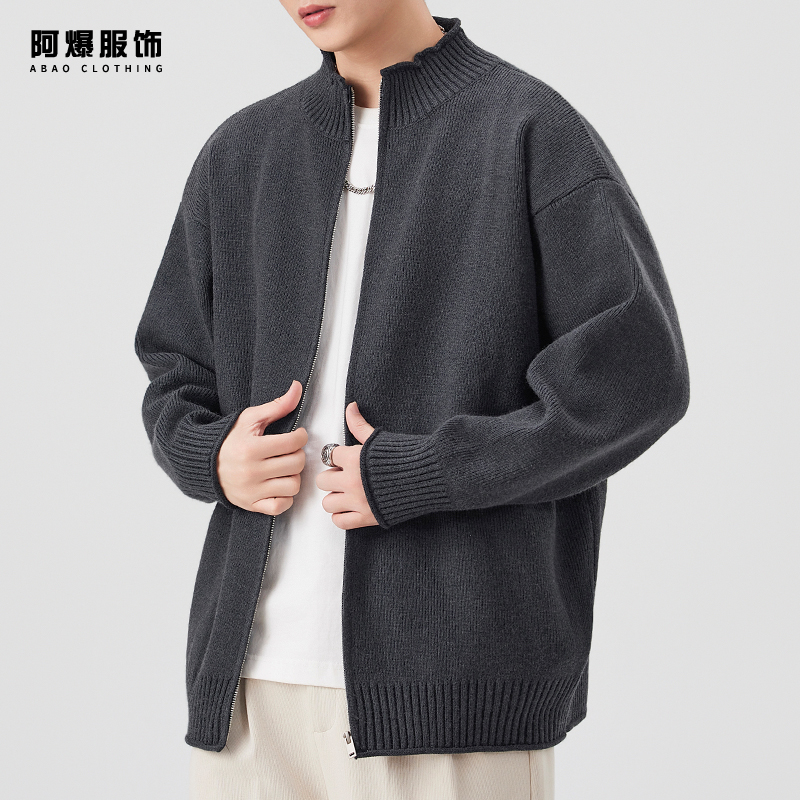 【阿爆服饰】日系重磅拉链开衫毛衣男秋冬款宽松立领情侣保暖针织衫