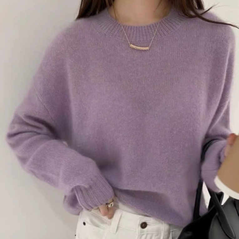 2025秋冬季紫色圆领100纯羊毛衫女欧货宽松慵懒针织羊毛打底毛衣